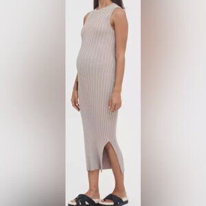 Elegant Sleeveless Ribbed Midi Dress - Beige